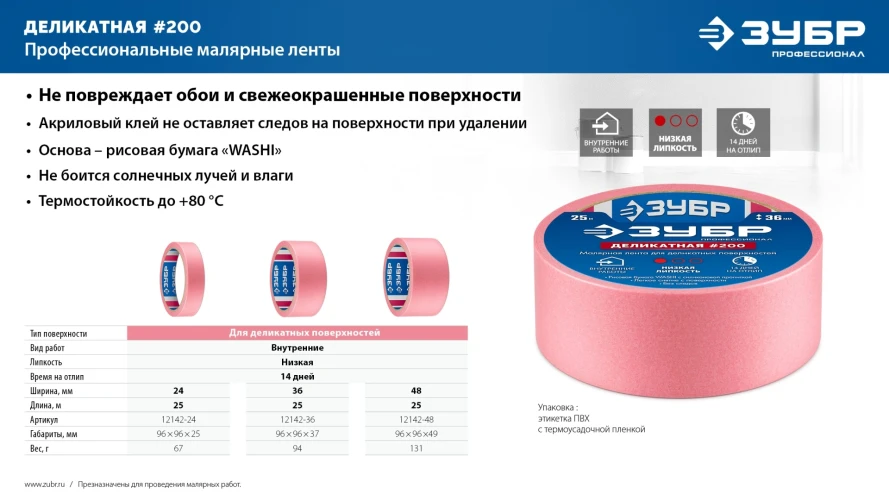 Малярная лента, №200 48 мм х 25 м, для деликатных и недавно окрашенных поверхностей, ЗУБР 12142-48 — фото 6