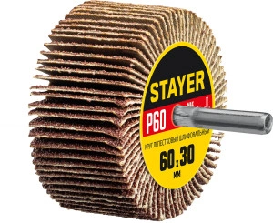 Круг шлифовальный лепестковый, d 60 x 30 мм, P60, на шпильке d 6 мм, STAYER 36608-060