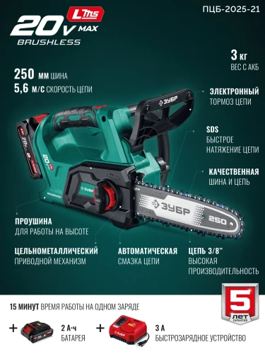 Пила цепная аккумуляторная, 20 В, 250 мм шина, 1 АКБ LMS (2 Ач), ЗУБР ПЦБ-2025-21 — фото 3