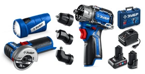 Кейс, BRUSHLESS, 12 В, 45 Н·м, 2 АКБ тип Т7 (4 и 2 А·ч), ЗУБР КОМБИ #5 набор: дрель-шуруповерт + мини УШМ + LED фонарь DB-125-42ABF
