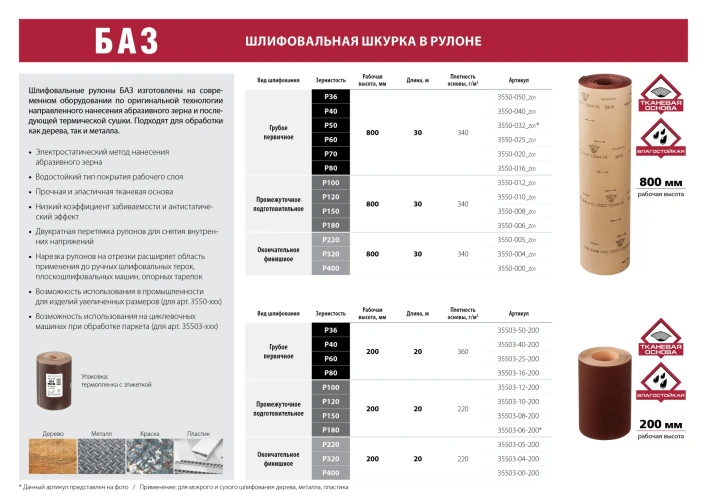 Шлифовальный рулон на тканевой основе, 20-H (Р70), 800 мм, 30 м, водостойкий, БАЗ 3550-020_z01 — фото 2