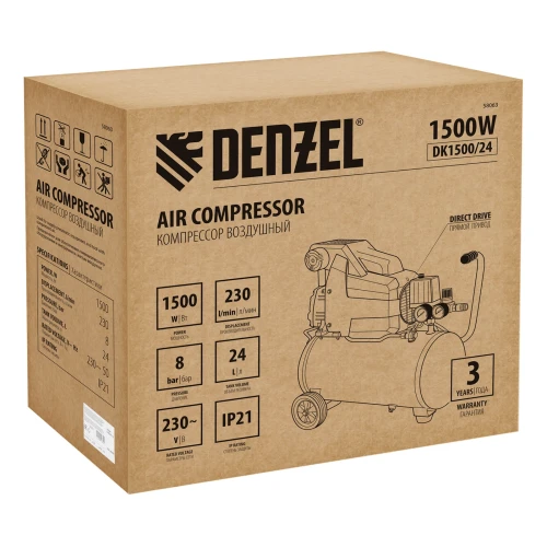 Компрессор воздушный DK1500/24, Х-PRO 1.5 кВт, 230 л/мин, 24 л Denzel 58063 — фото 7