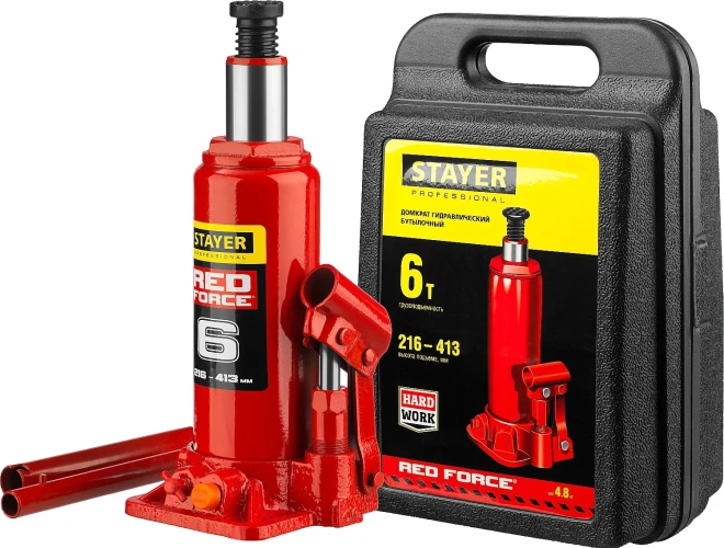 Бутылочный гидравлический домкрат, в кейсе, 6 т, 216 - 413 мм, STAYER RED FORCE 43160-6-K_z01 — фото 1