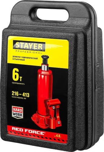 Бутылочный гидравлический домкрат, в кейсе, 6 т, 216 - 413 мм, STAYER RED FORCE 43160-6-K_z01 — фото 2