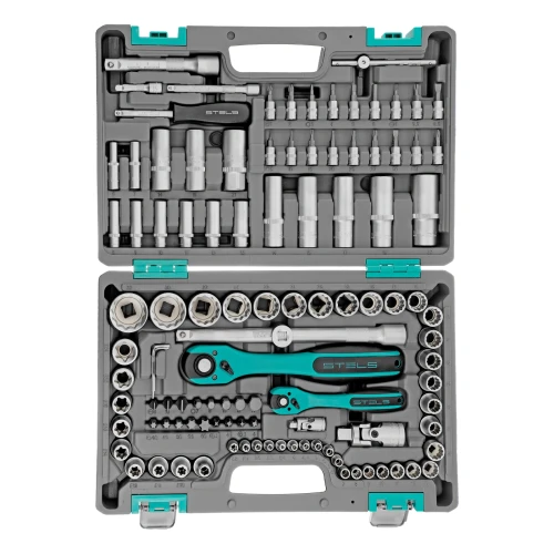 Набор инструментов 1/2", 1/4", CrV, 12 гранные головки, пластиковый кейс, 109 предмета Stels 14122 — фото 3