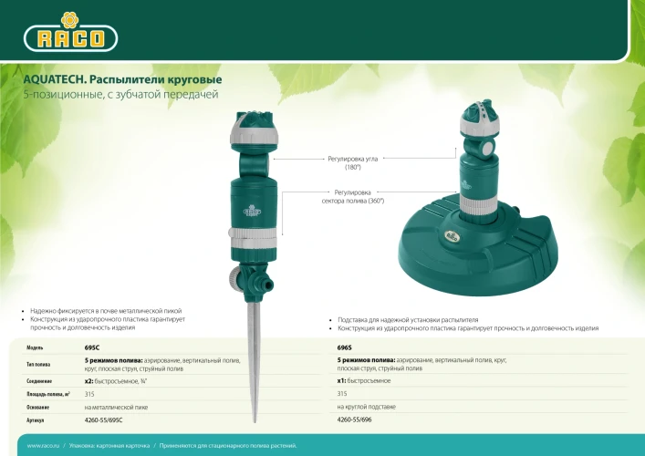 Круговой распылитель, 5-позиционный, на металлической пике, RACO Aquatech 695C 4260-55/695C — фото 3