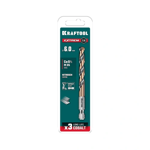 НЕХ-1/4", d 6.0 х 98 мм, сверло по металлу для винтовёртов и шуруповертов IMPACT READY, KRAFTOOL 29652-6 — фото 2