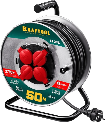 Силовой удлинитель на стальной катушке, КГ, 3 x 1.5 мм2, 50 м, 3700 Вт, IP44, KRAFTOOL K-315 55085-50_z01 — фото 1