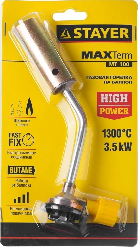 Газовая горелка на баллон с цанговым соединением, 1300°C, увеличенный выход пламени, STAYER MaxTerm MT 100 55588 — фото 2