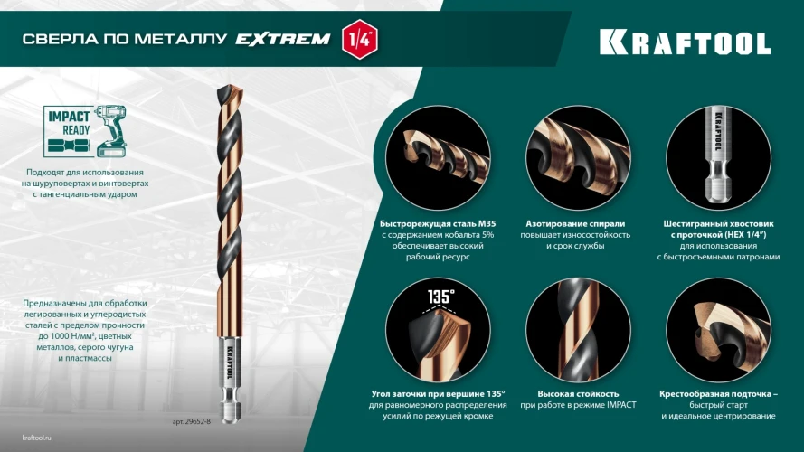 НЕХ-1/4", d 6.5 х 107 мм, сверло по металлу для винтовёртов и шуруповертов IMPACT READY, KRAFTOOL 29652-6.5 — фото 8