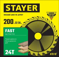 Пильный диск по дереву, 200 x 32/30 мм, 24Т, быстрый рез, STAYER Fast 3680-200-32-24_z01
