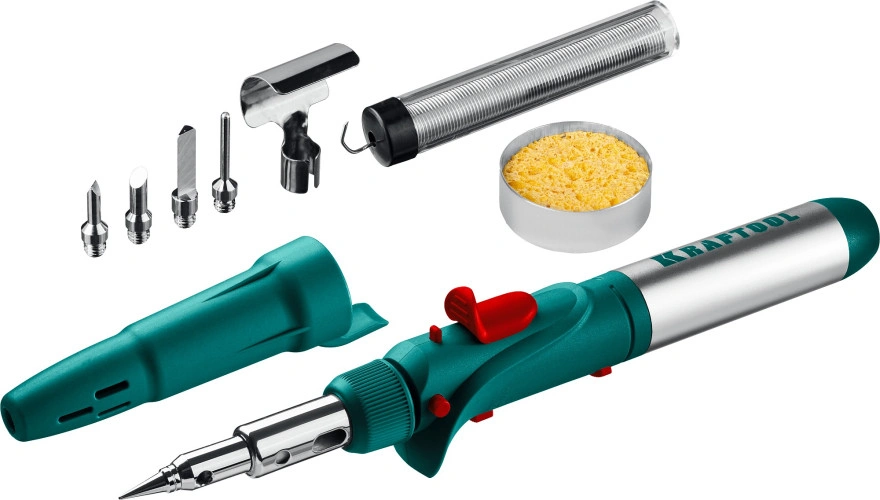 Газовый паяльник, 120 K, 30 - 120 Вт, 1300°С, горелка, фен, пьезоподжиг, набор 10 в 1, KRAFTOOL SolderGas 55503-H10 — фото 1