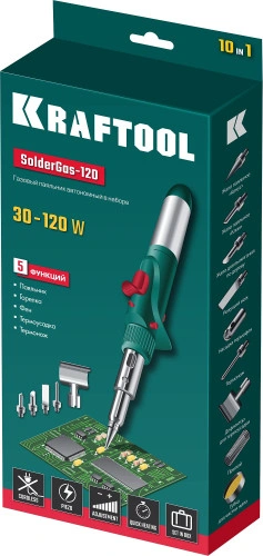 Газовый паяльник, 120 K, 30 - 120 Вт, 1300°С, горелка, фен, пьезоподжиг, набор 10 в 1, KRAFTOOL SolderGas 55503-H10 — фото 2