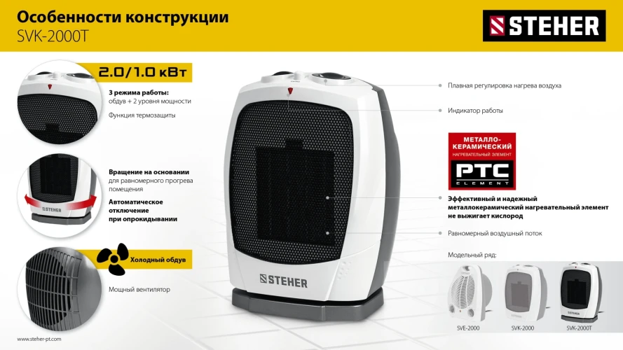 Автоповорот, 2 кВт, тепловентилятор, металло-керамический нагревательный элемент, STEHER SVK-2000T — фото 11