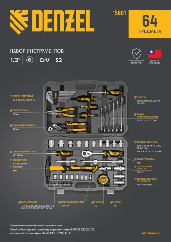 Набор инструментов, 1/2", 1/4", CrV, S2, пластиковый кейс, 64 предмета Denzel 15801 — фото 33