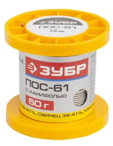 Трубка с канифолью, 1 мм, 50 г, припой, ЗУБР ПОС 61 55450-050-10C