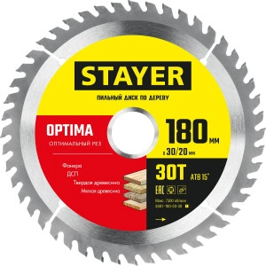 Пильный диск по дереву, 180 x 30/20 мм, 30Т, оптимальный рез, STAYER Optima 3681-180-30-30_z01