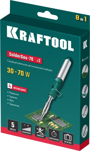 Газовый паяльник, 70 B, 30 - 70 Вт, 1300°С, горелка, фен, набор 8 в 1, KRAFTOOL SolderGas 55504-H8 — фото 2