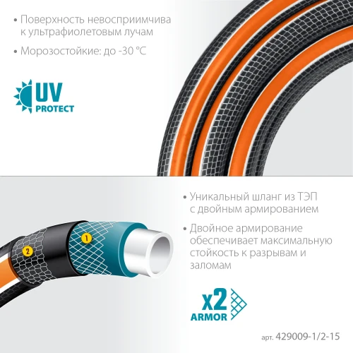 Поливочный шланг, 1/2", 15 м, 30 атм, шестислойный, двойное армирование, GRINDA ULTRA 6 429009-1/2-15 — фото 3