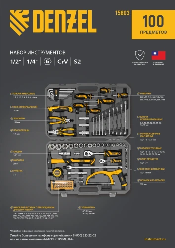 Набор инструментов, 1/2", 1/4", CrV, S2, пластиковый кейс, 100 предметов Denzel 15803 — фото 33