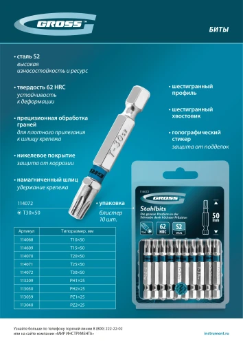 Бита Torx 30х50мм, сталь S2, шестигр., 10 шт. Gross 114072 — фото 8