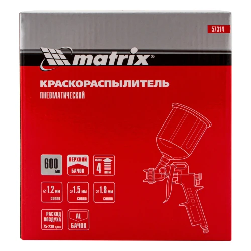 Краскораспылитель пневматический с верхним бачком V 0.6 л, сопло D 1.2, 1.5 и 1.8 мм Matrix 57314 — фото 9