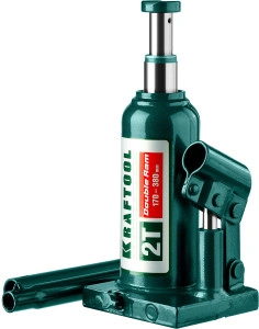 Двухштоковый бутылочный домкрат, 2 т, 170 - 380 мм, с увеличенным подъемом, KRAFTOOL DOUBLE RAM 43463-2